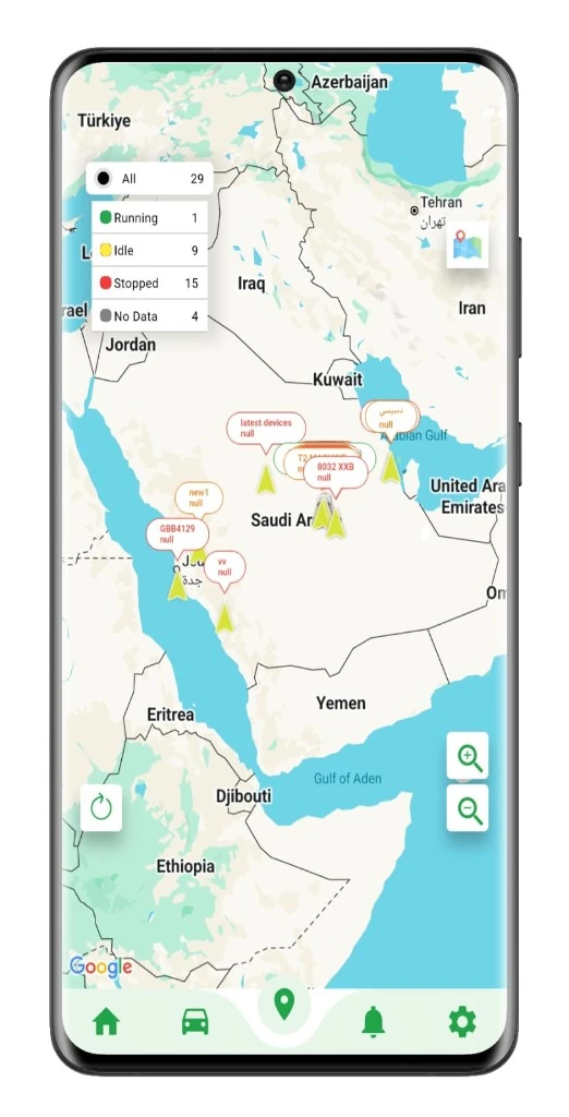 تطبيق جوال: خريطة أسطول على المملكة مع حالات المركبات متحركة ومتوقفة وخاملة